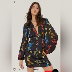 Nasty Gal Satin Puff Sleeve Floral Mini Dress